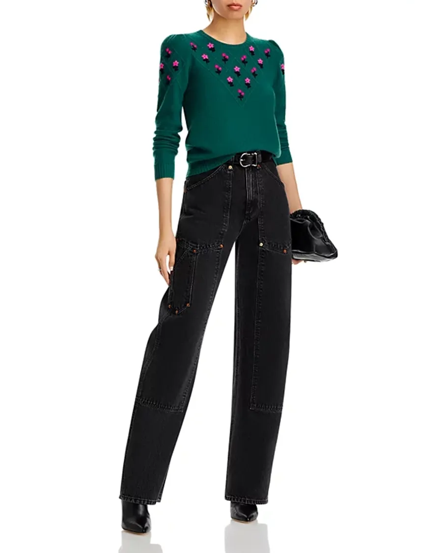 Puff Sleeve Embroidered Floral Cashmere Sweater