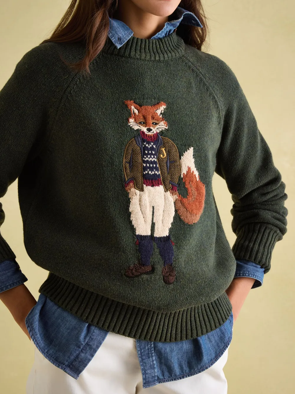 Dark Green Intarsia Fox Knit Jumper