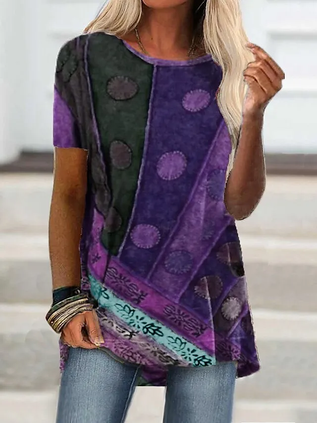 Women's T shirt Tee Burgundy Tee T shirt Dress Tunic Shirts Graphic Geometric Color Block Wine Red Blue Print Short Sleeve Casual Weekend Tunic Basic Boho Round Neck Regular Fit