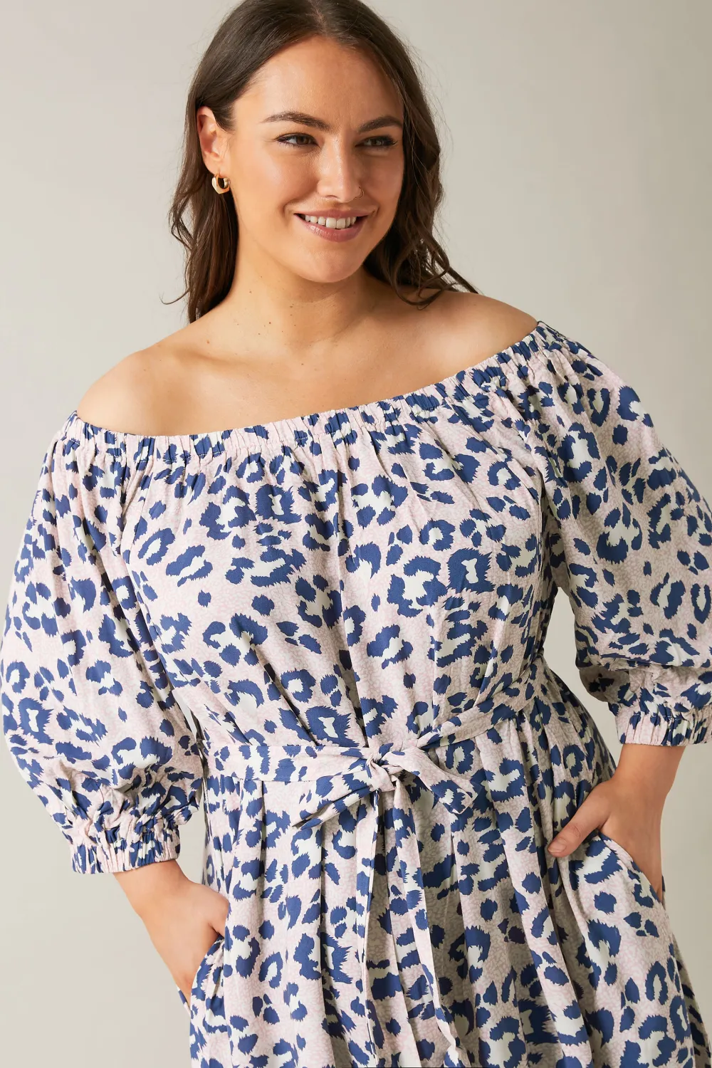 Evans Pink Animal Print Bardot Midi Dress