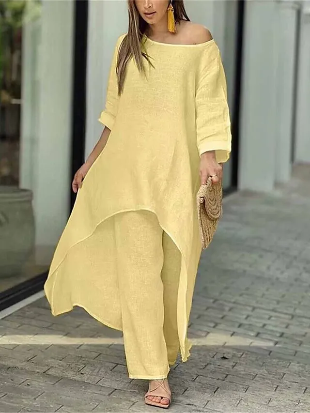 Women's Loungewear Sets Pure Color Fashion Simple Casual Street Date Airport Polyester Breathable Crew Neck Long Sleeve Pant Summer Spring White Yellow