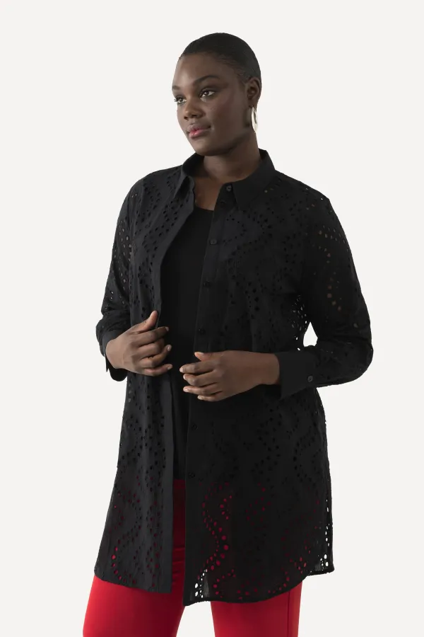 Longbluse Lochstickerei Hemdkragen Langarm