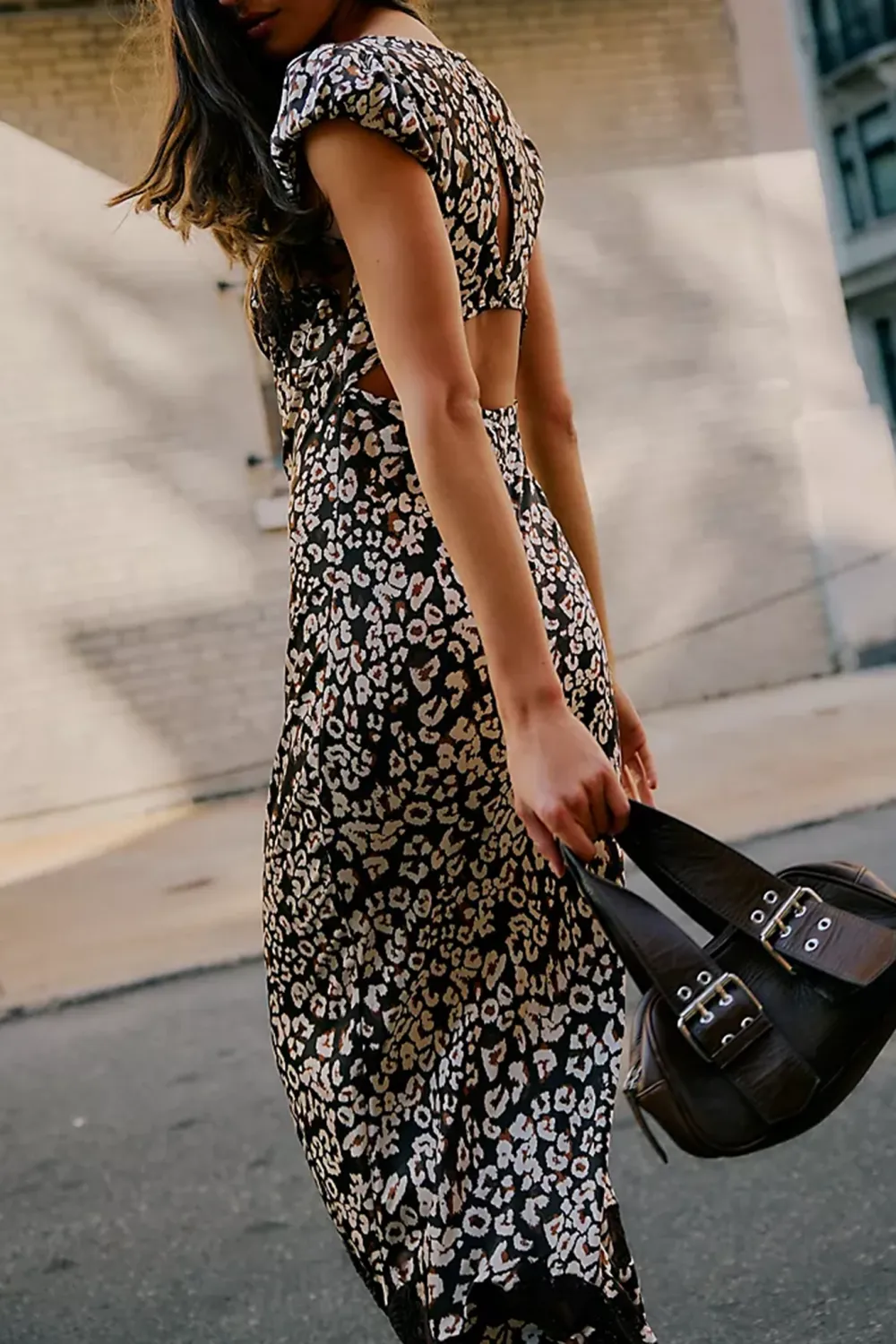 V Neck Floral Print Lace Trim Midi Dress