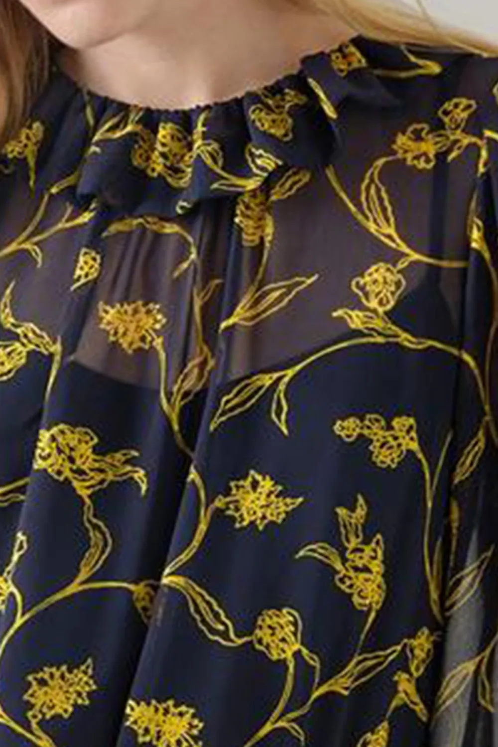 Navy Blue Floral Print Sheer Long Sleeve Shirt