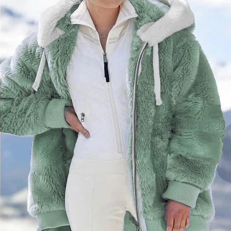 New  Long Plush  Solid Color Hooded Coat