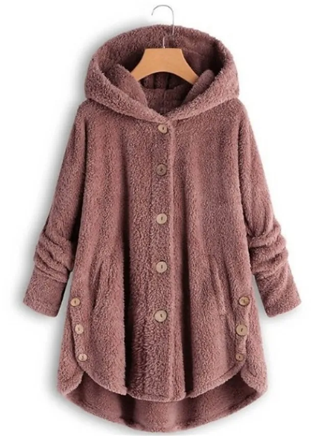 Women's Teddy Coat Fleece Sherpa Jacket with Hood Teddy Bear Jacket Windproof Warm Winter Coat Comtemporary Stylish Plush Jacket Long Sleeve Leopard Black Pink Wine