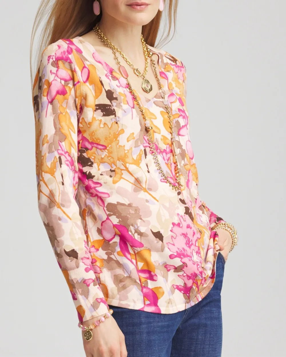 Floral Long Sleeve V-Neck Pullover Sweater