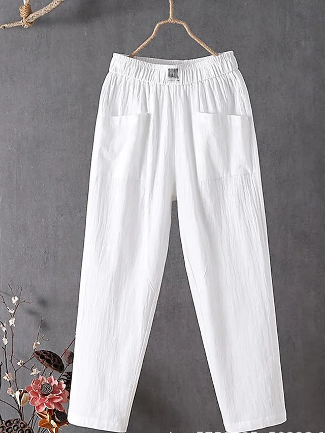 Women's Linen Pants Chinos Pants Trousers Cotton Solid Color Side Pockets Baggy Ankle-Length Micro-elastic Mid Waist Fashion Work Casual Black White M L Summer Spring &  Fall