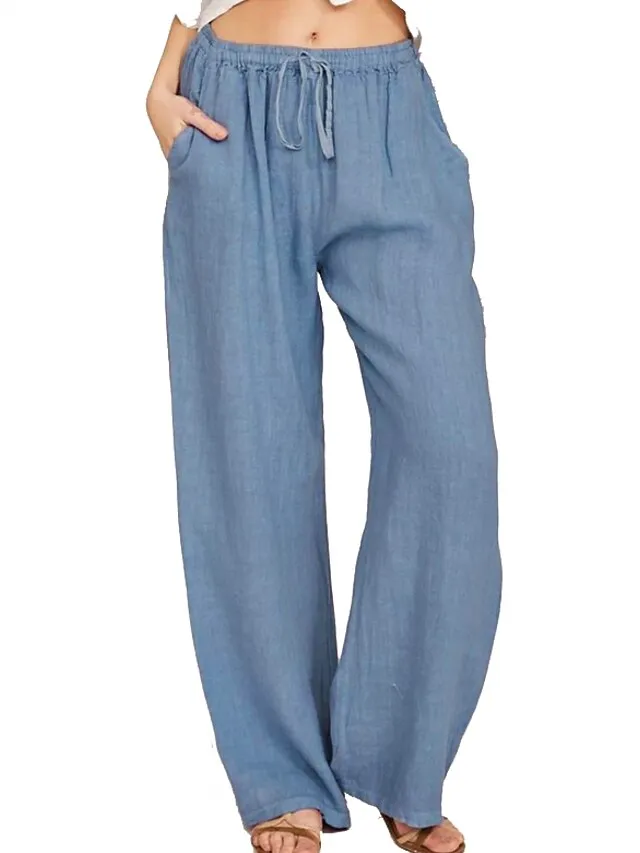Women's Basic Essential Classic Culottes Wide Leg Chinos Drawstring Pants Casual Inelastic Solid Colored Faux Linen Lightweight Mid Waist Loose Black Blue Gray Dusty Blue S M L XL XXL