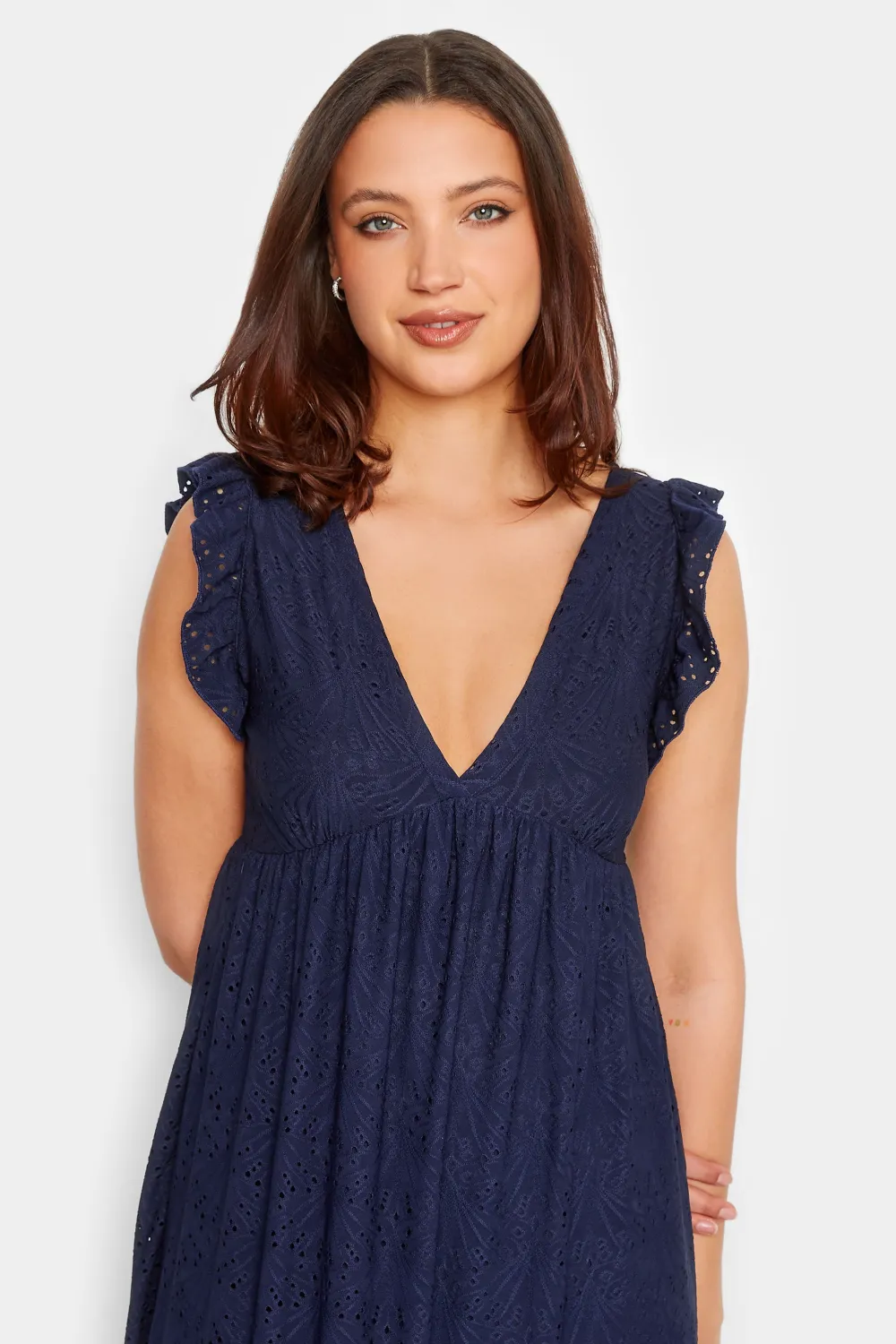 LTS Tall Navy Blue Broderie Anglaise Frill Maxi Dress