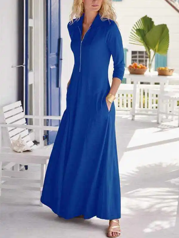 Urban Casual Zipper Solid Color Maxi Dress