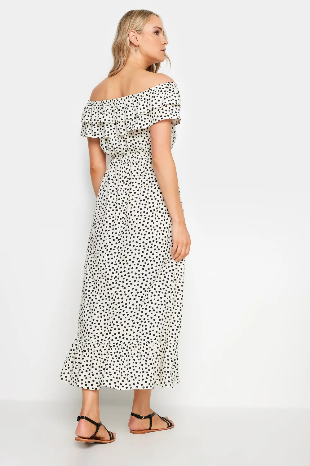 LTS Tall White Polka Dot Bardot Frill Midaxi Dress