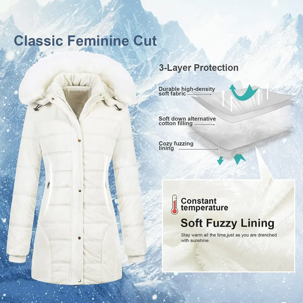 Women's Warm Winter Coat Velvet Puffer Jacket Quilted Faux Fur Hood