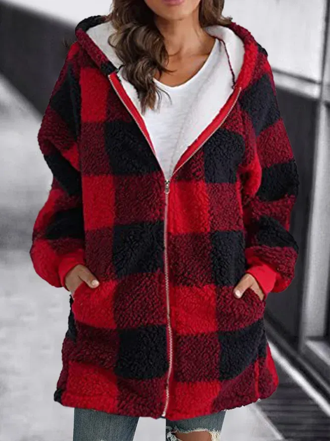 HOODIE PLAID LOOSE OVERCOAT