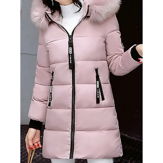 Women's Parka Long Puffer Jacket Windproof Thermal Warm Heated Coat with Pockets Winter Coat with Fur Collar Hood Long Sleeve Full Zip Black White Pink