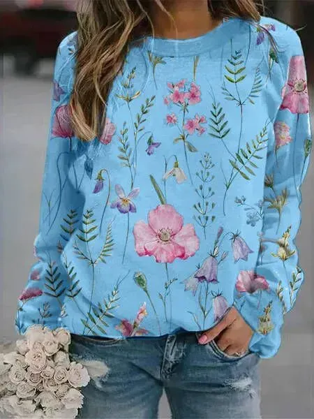 Floral Crew Neck Long Sleeves Sweatshirts