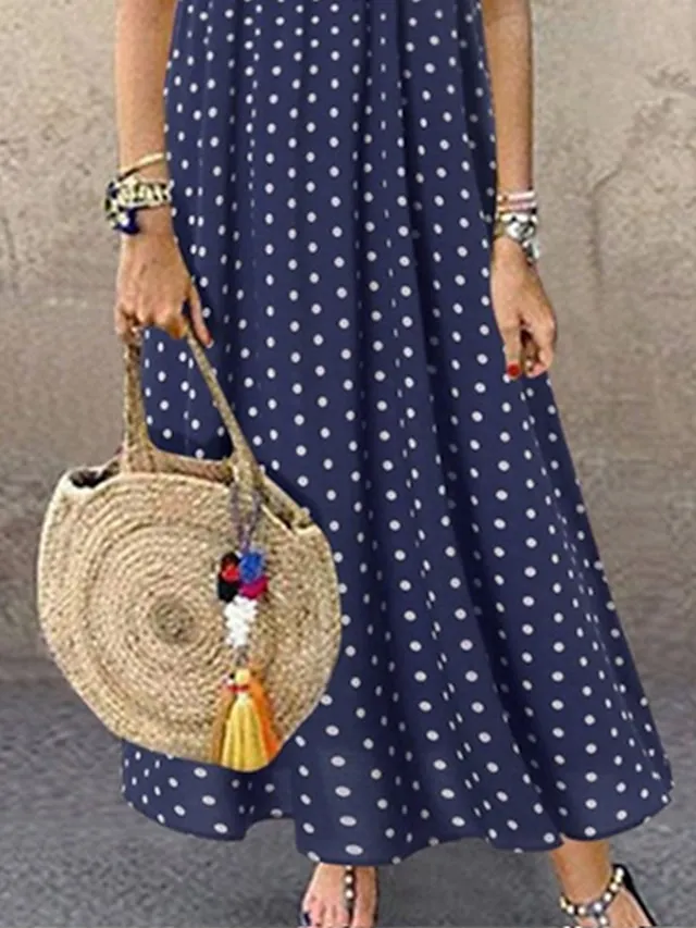 Women's Casual Dress Swing Dress Polka Dot Dress Long Dress Maxi Dress Green Blue Yellow Short Sleeve Polka Dot Print Spring Summer Crew Neck Basic Daily Weekend Loose Fit 2023 L XL XXL 3XL 4XL 5XL