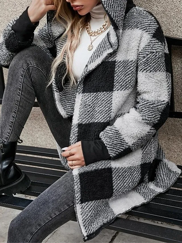 Women's Fleece Jacket Teddy Coat Hoodie Jacket Warm Breathable Street Daily Wear Vacation Going out Pocket Fleece Lined Open Front Hoodie Casual Street Style Stripes and Plaid Regular Fit Outerwear