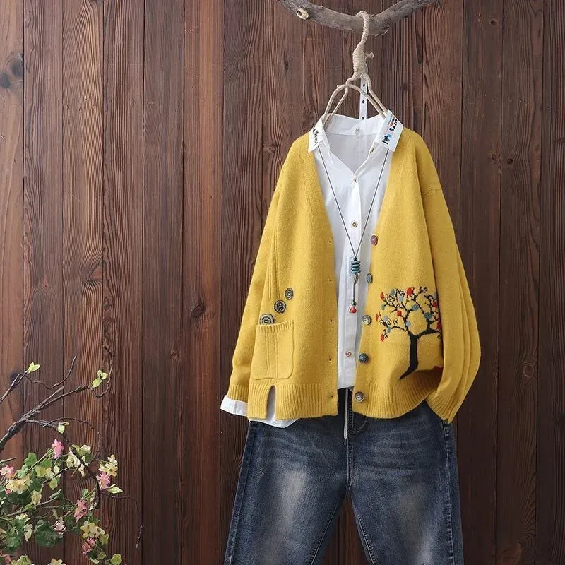 Vintage Botanical Long Sleeve Knit Cardigan