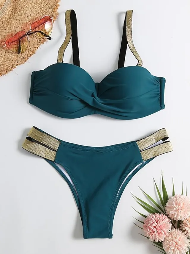 Women's Swimwear Bikini Normal Swimsuit Glitter 2 Piece Deep V Solid Color Black White Green Bathing Suits Sexy Beach Wear Push Up