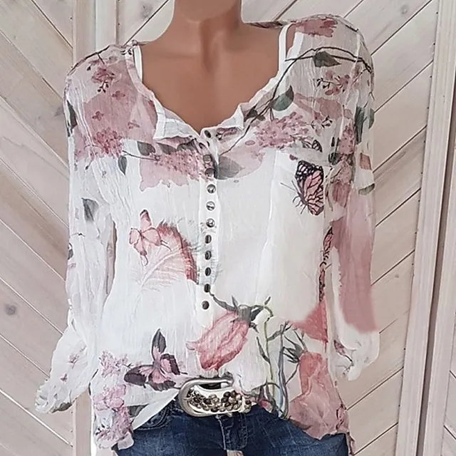 Women's Shirt Blouse Floral White Purple Orange Button Print Long Sleeve Daily Going out Weekend Streetwear Holiday Casual Shirt Collar Regular Fit Summer Spring Fall