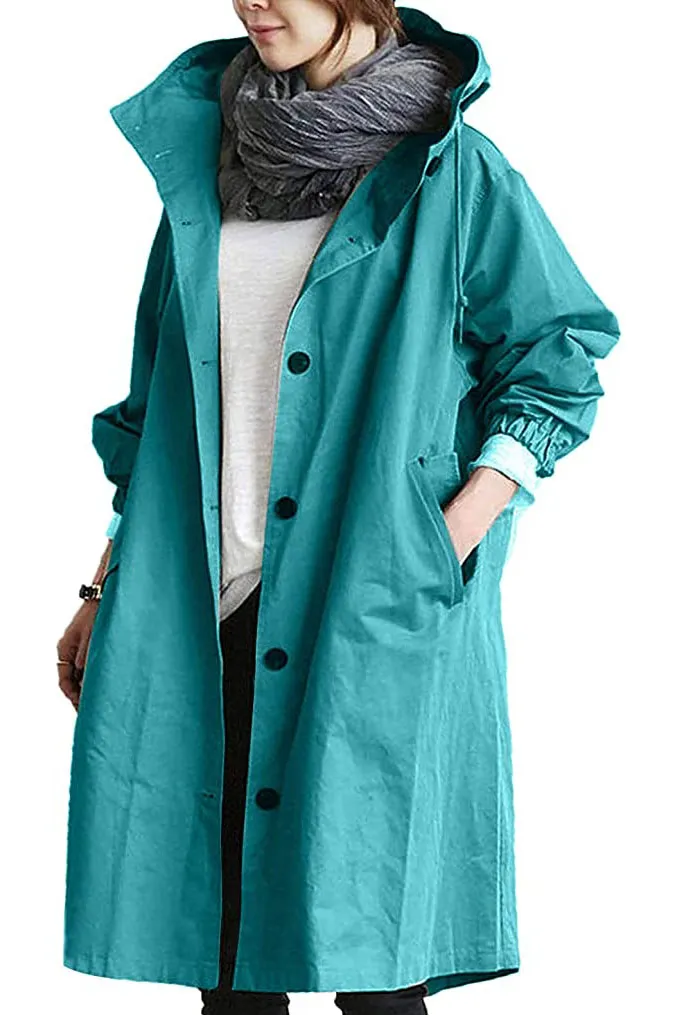 Solid Single Breasted Buttons Hooded Trench Coat
