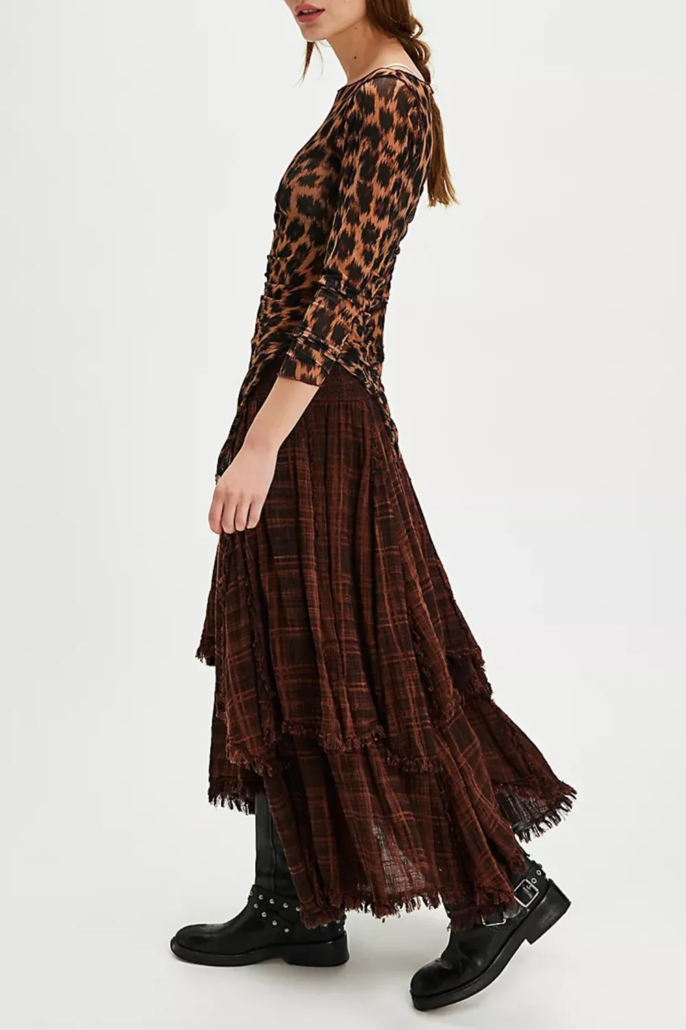 Plaid Patchwork Asymmetric Midi Skirt