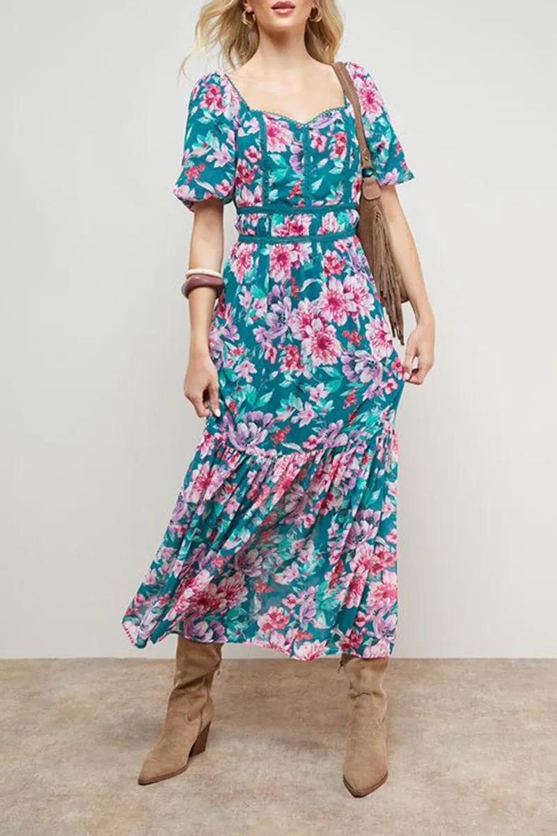 Daily Lace Trim Puff Sleeve Dress