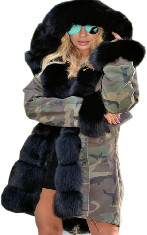 Womens Hooded Camouflage Warm Winter Coats Faux Fur Jacket Parka Overcoat
