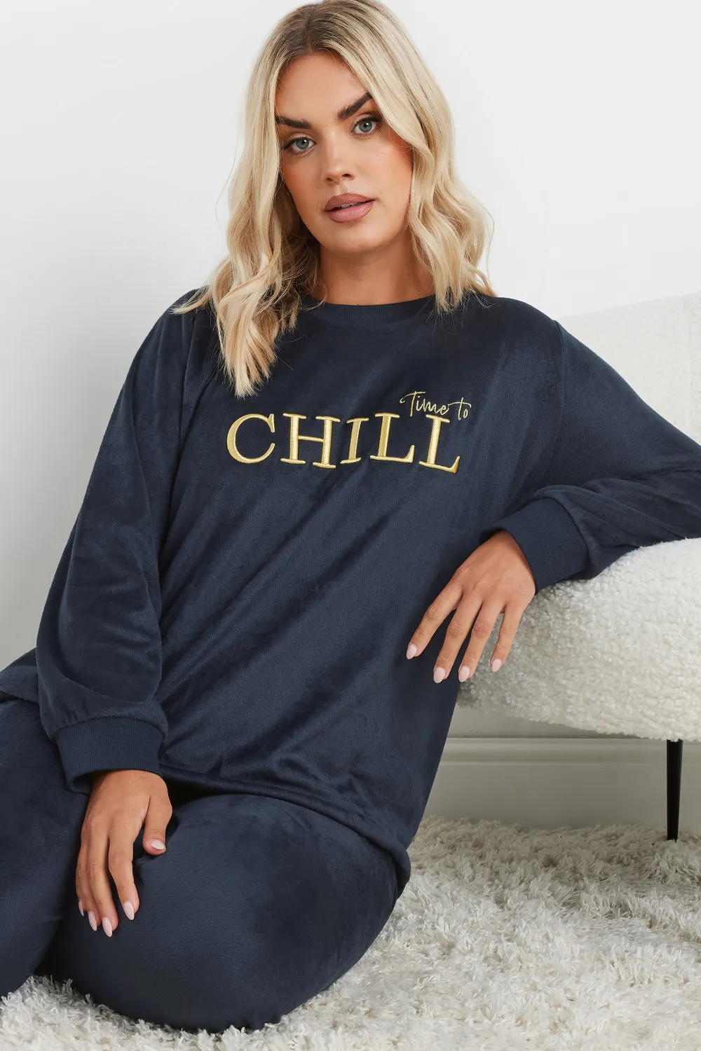 YOURS Curve Navy Blue 'Time To Chill' Soft Fleece Loungewear Set