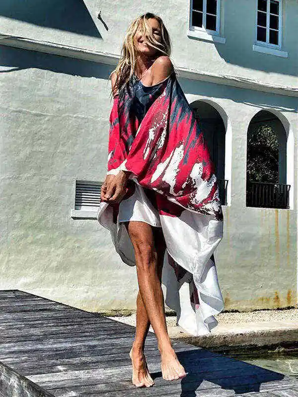 Loose Ink Print Cold Shoulder High-Low Long Dress