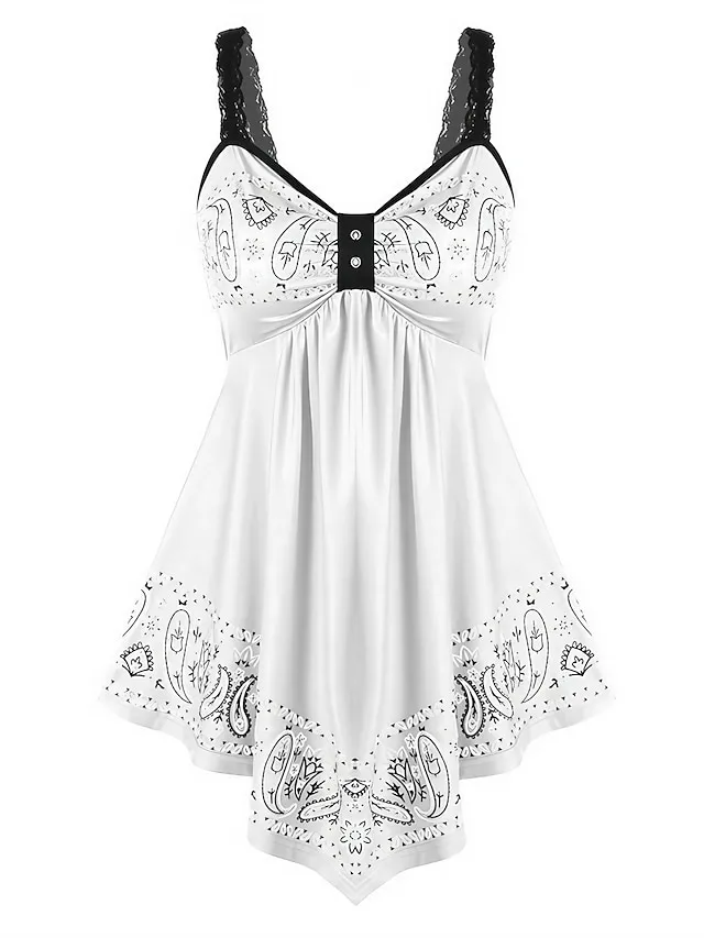 Women's Plus Size Camisole Summer Tops Cotton Floral Black White Red Lace Ruched Backless Sleeveless Daily Back to School Going out Streetwear V Neck Regular Fit Summer Spring
