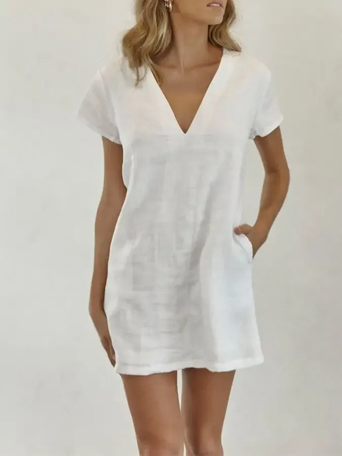 Women's Cotton Linen V Neck Pocket Dress