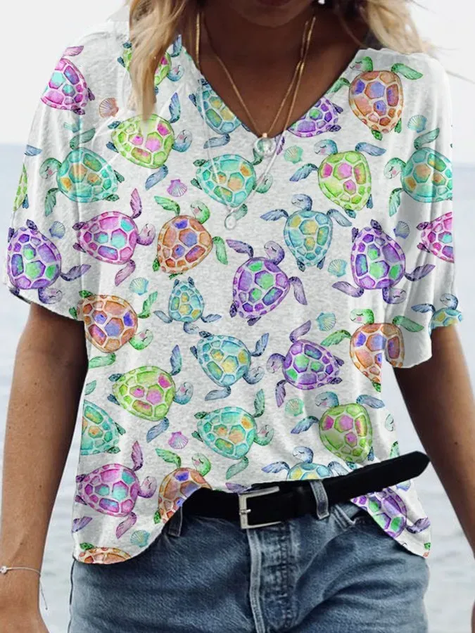 Women's Cute Watercolor Sea Turtle Print V-Neck Tee