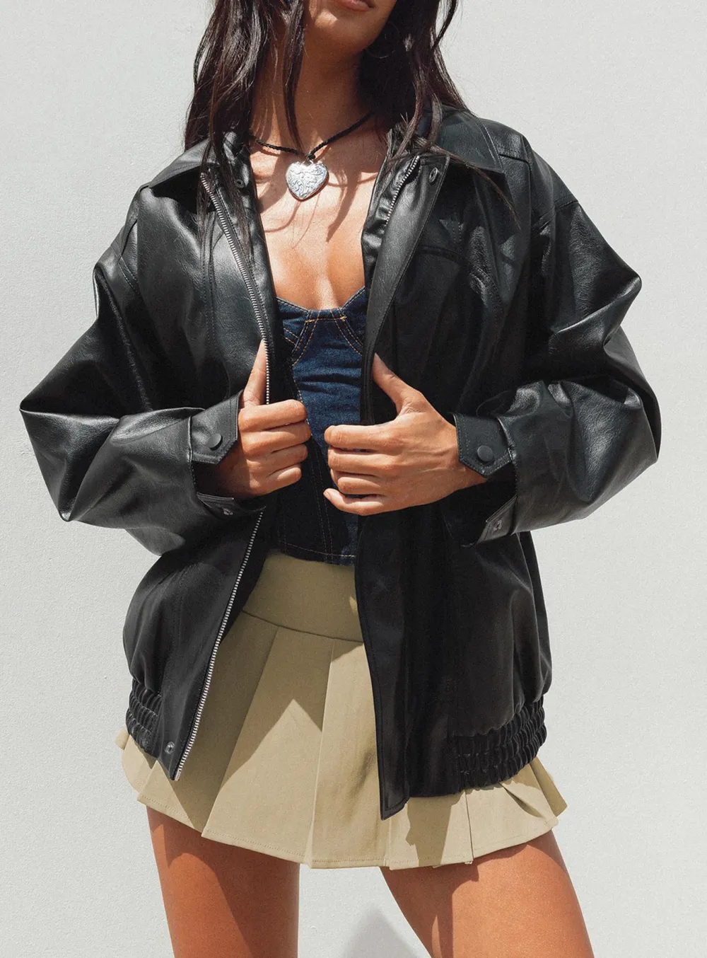 Satin Trim Faux Leather Jacket