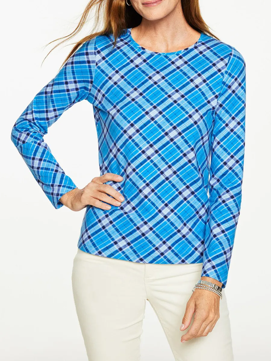 Women'S Sequined Plaid Pattern Round Neck Long Sleeve T-Shirt
