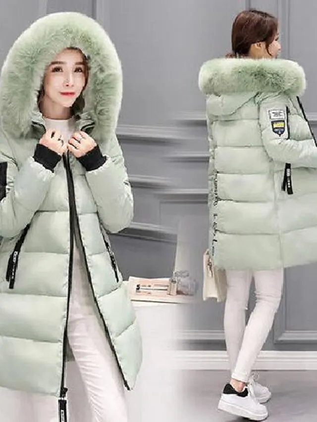 Women's Puffer Jacket Long with Pockets Slim Fit Fur Collar Coat powder Bean Green White Black Gray Classic Style Christmas Winter Zipper Hoodie Regular Fit M L XL XXL XXXL / Daily / Windproof