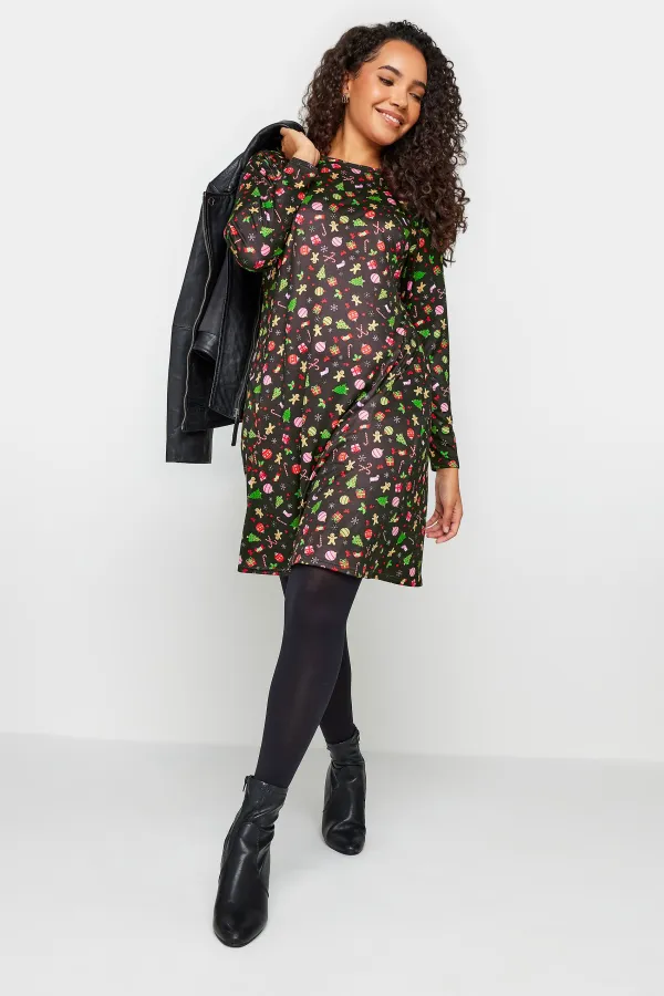 M&Co Black Candy Cane Print Christmas Dress