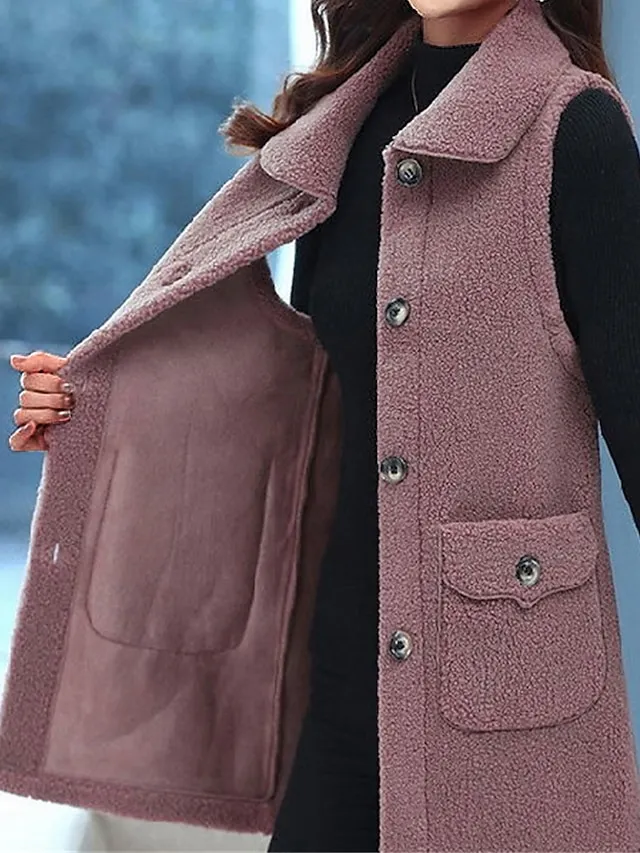 Women's Teddy Vest Long Teddy Coat Fall Sherpa Jacket Fleece Warm Zipper Vest with Pockets Winter Long Coat Windproof Warm Modern Style Sleeveless Plain Pink Red Khaki