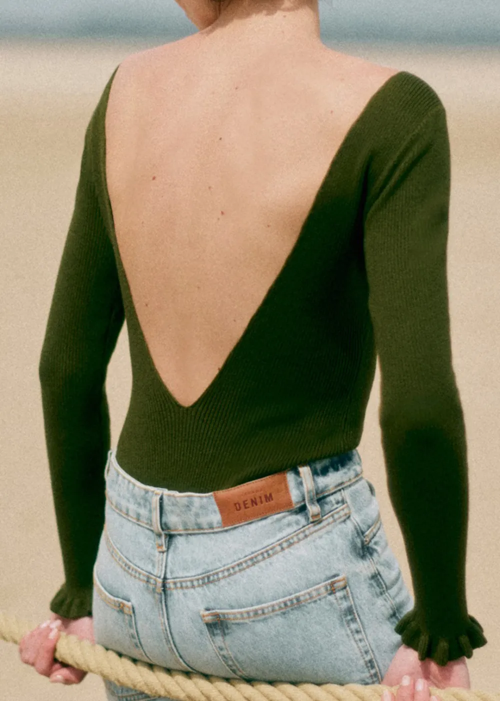 Long Sleeve Open Back Wool And Cotton Bodysuit