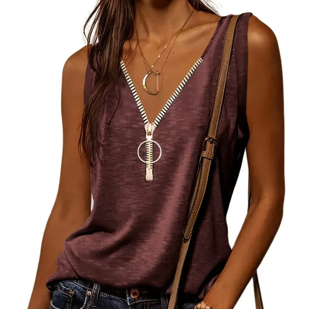Casual V-neck Zipper Cami Top, Solid Fashion Sleeveless Loose Summer Fit Tank Top, Women's Clothing