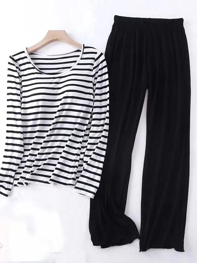 Women's Loungewear Sets 2 Pieces Stripe Fashion Casual Comfort Street Daily Date Polyester Breathable Crew Neck Long Sleeve Pant Summer Spring Black Pink