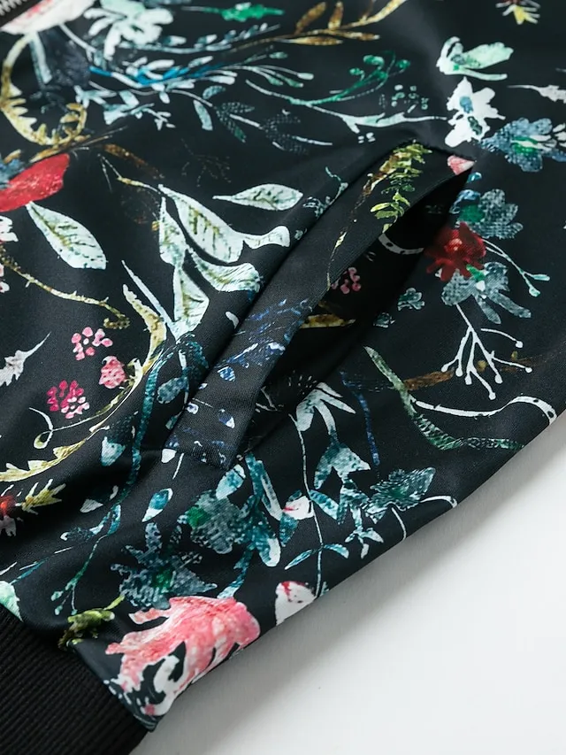 Women's Bomber Jacket Casual Jacket Outdoor Zipper Floral Pattern Breathable Streetwear Regular Fit Outerwear Long Sleeve Summer Black