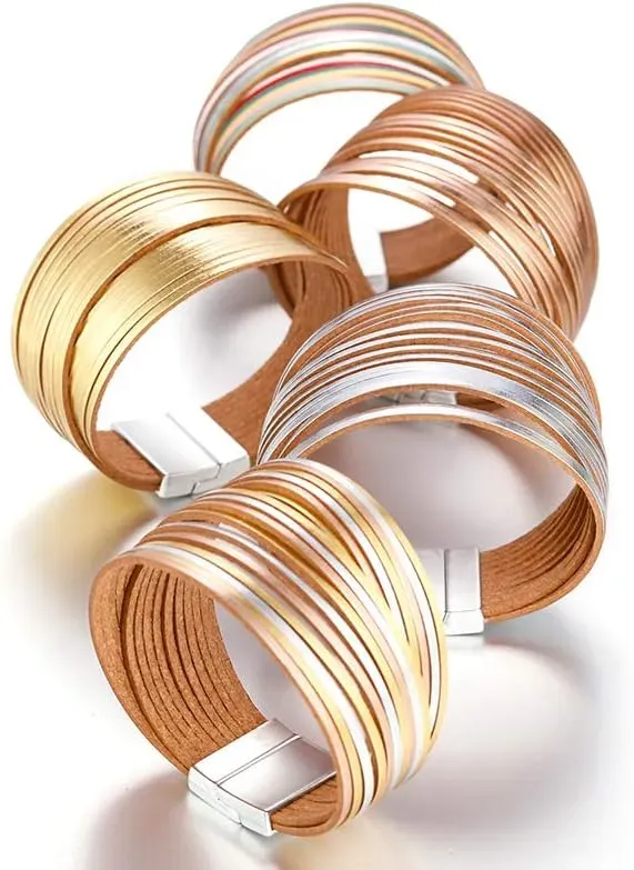 Fesciory Leather Wrap Bracelets for Women, Boho Leopard Multi-Layer Crystal Beads Cuff Bracelet Jewelry