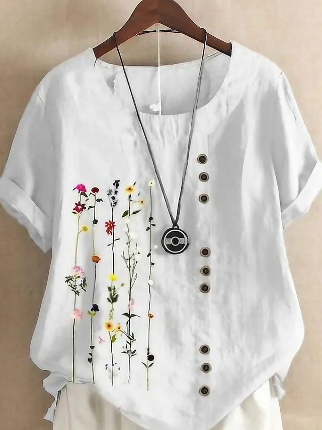 Women's Shirt Linen Shirt Blouse Cotton Graphic Floral White Blue Green Short Sleeve Daily Casual Crew Neck Regular Fit Summer Spring Fall