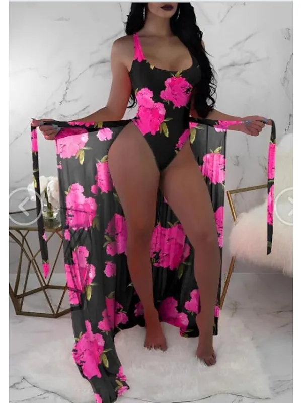 Women's Swimwear Bikini Normal Swimsuit 3-Piece Printing Graphic Floral Black Pink Blue Orange Rose Red Bathing Suits Sports Beach Wear Summer
