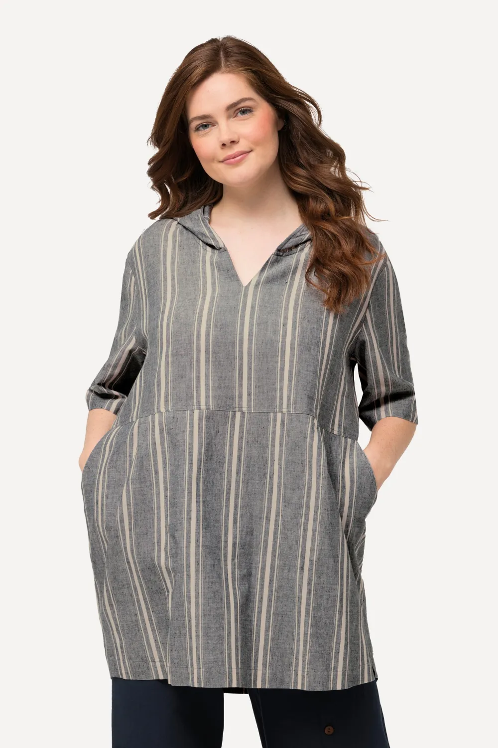 Blusen-Tunika Streifen Egg-Shape Kapuze Halbarm