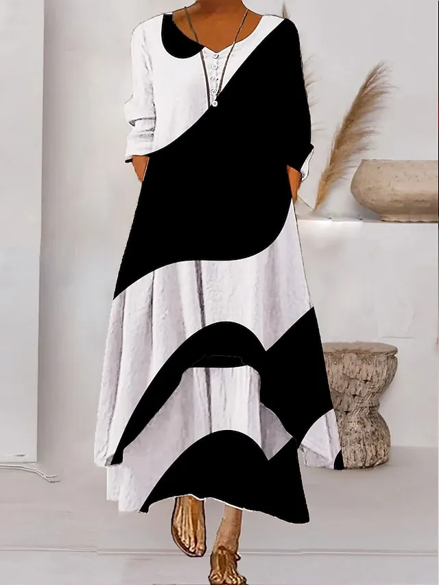 Women's Color Block Long Maxi Dress Button Layered Casual Dress Swing Dress Print Dress Fashion Modern Daily Vacation Weekend 3/4 Length Sleeve Crew Neck Dress Loose Fit Silver Black White