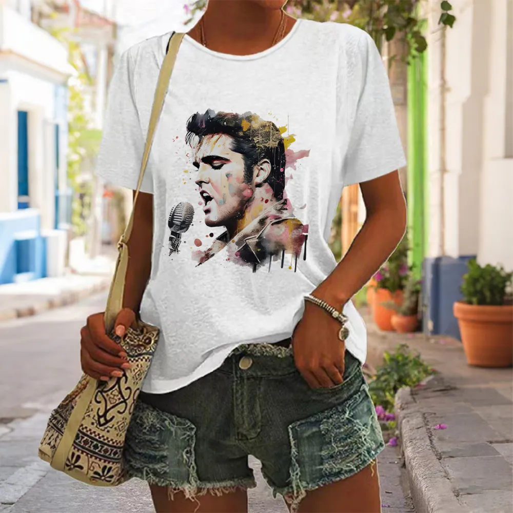 Women's The King Sing Print Short Sleeve Round Neck Cotton T-Shirt