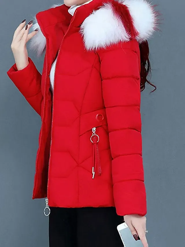 Women's Parka Cropped Puffer Jacket Winter Coat Zip up Hooded Coat with Removable Fur Collar Thermal Warm Heated Coat Fall Outerwear with Pockets Warm Classic Long Sleeve Blue